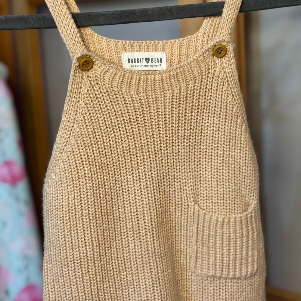Rabbit + Bear Knit Baby Overalls – Tan Ribbed Romper 6–12M - Picture 5 of 7